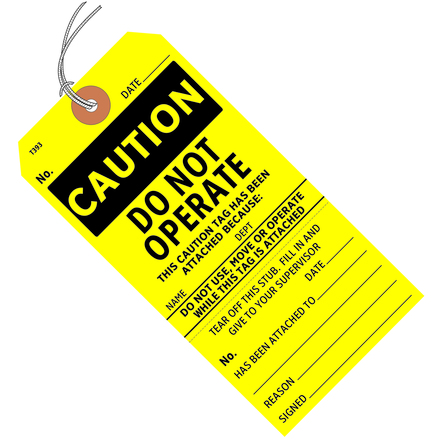 5 <span class='fraction'>3/4</span>" x 2 <span class='fraction'>7/8</span>" Yellow/Black Safety Tags - "Caution Do Not Operate" - Pre-Strung